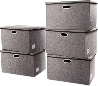 PRANDOM Extra Large Collapsible Storage Bins with Lids [5-Pack] Linen Fabric Foldable Storage