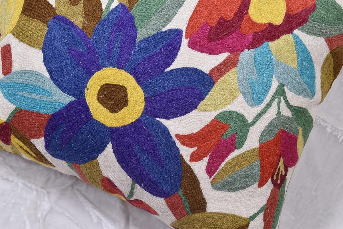 Cream Floral Pillow Cover Blue Flower Pillowcase Boho Cushion Florals Accent Throw Pillowsham Wool
