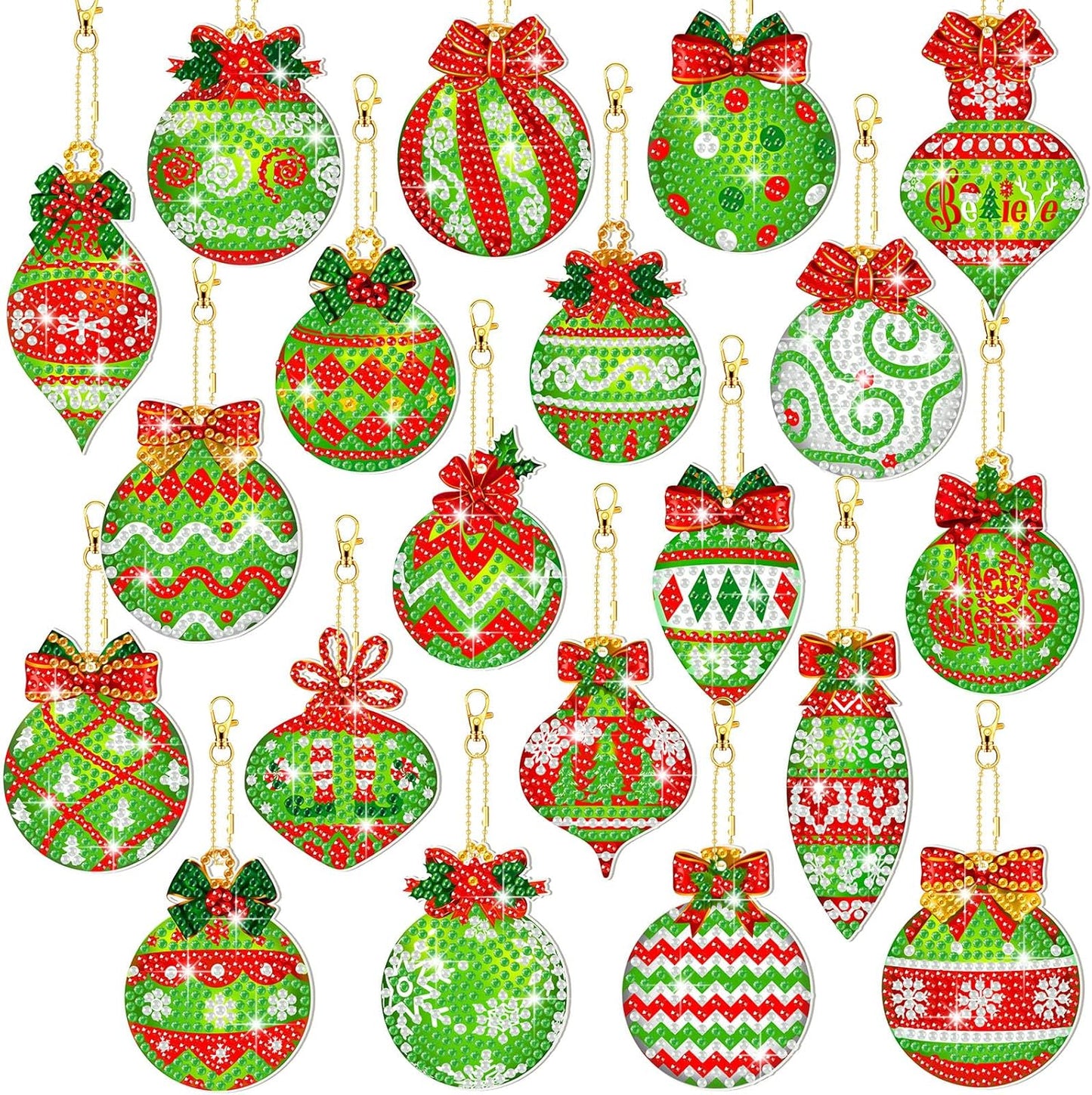 Tondiamo 20 Pcs Christmas Diamond Painting Keychain Kits 5D DIY Diamond Art Pendants Double Sided