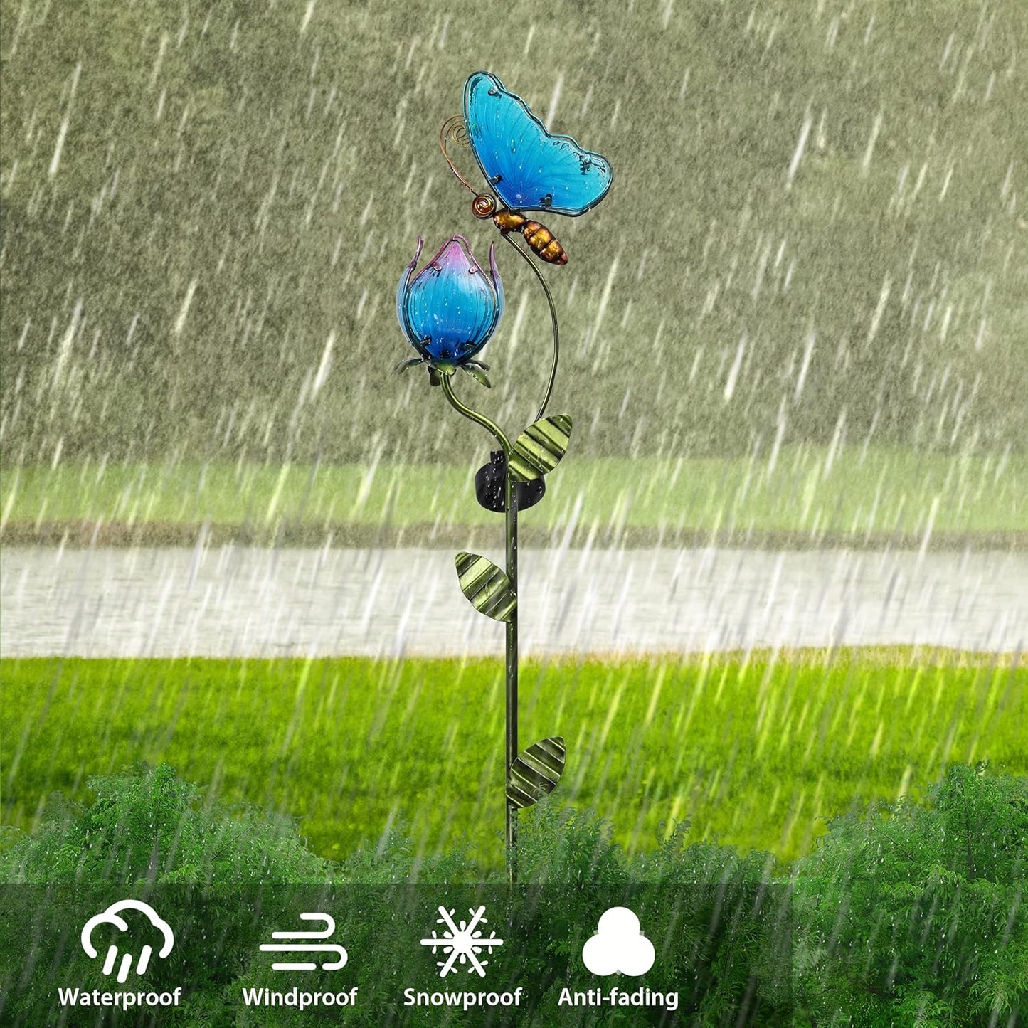 TERESA'S Collections Flower Yard Decorations Outdoor, 42'' Blue Glass Butterfly Solar Outdoor