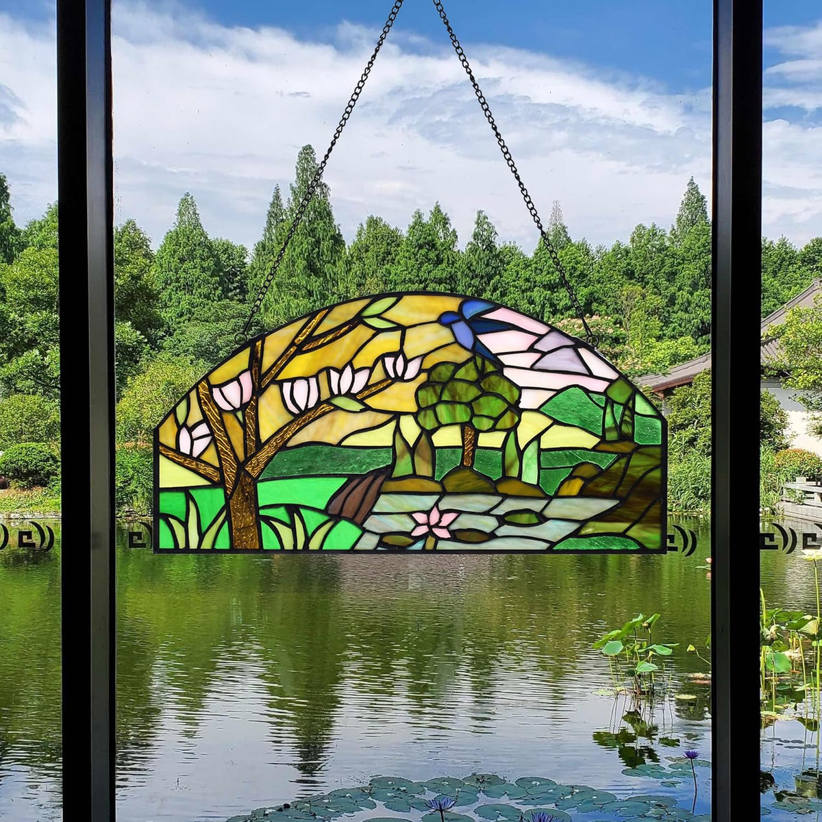 YOURANJU Half Moon Stained Glass Window Hanging Tiffany Style 16" x 8" Half-Round Window Panel