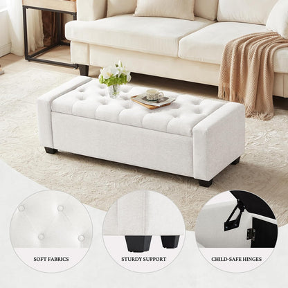 48" Ottoman with Storage, White Storage Ottoman Bench with Safety Hinge, Upholstered Entryway Bench