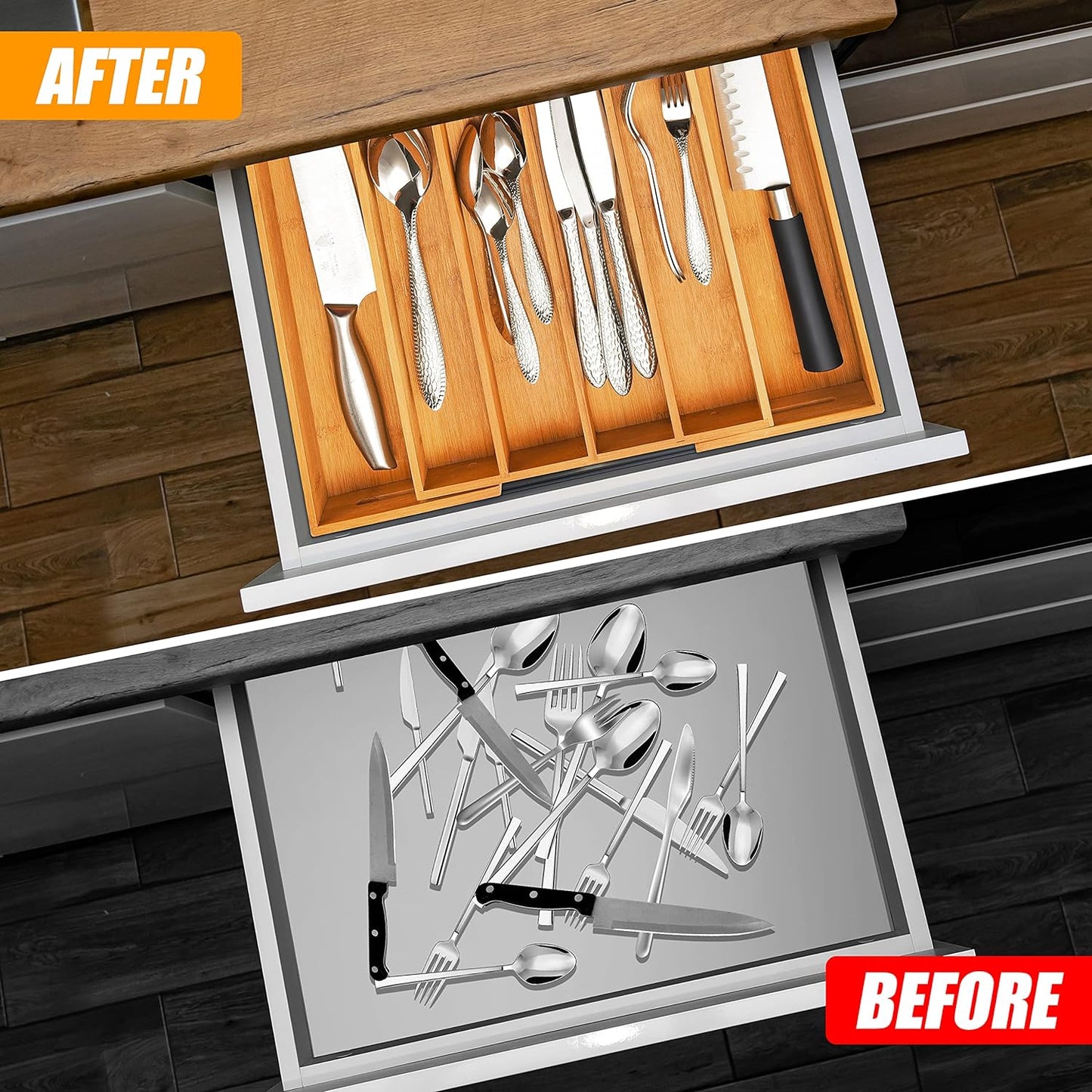 Bellsal Silverware Organizer Kitchen Drawer Organizer Expandable Bamboo Utensil Holder Cutlery Tray