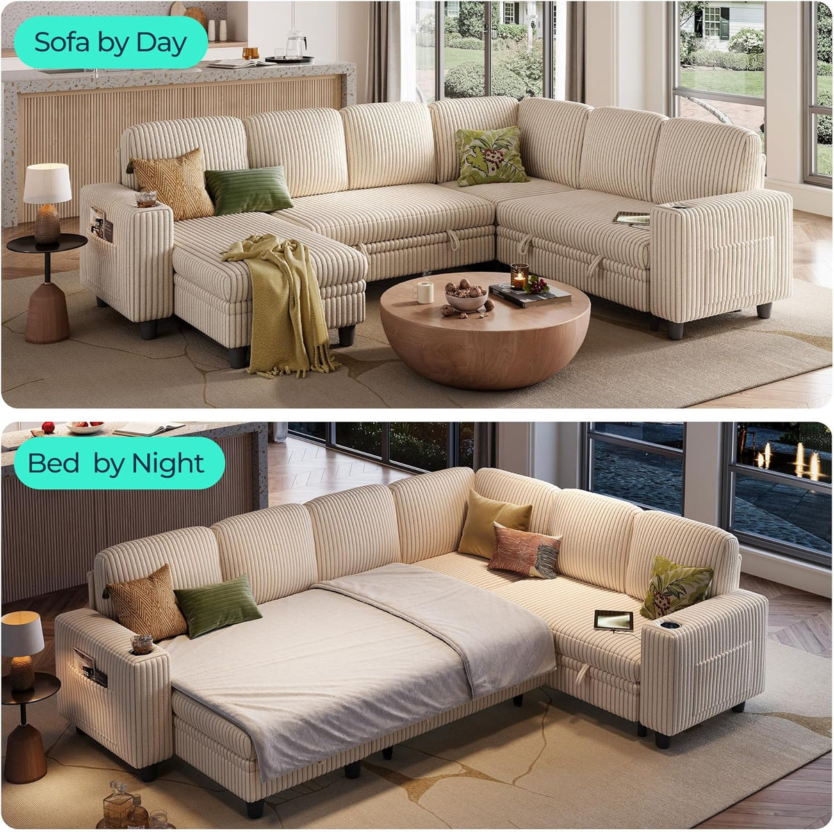 LINSY HOME Sectional Sleeper Sofa with Pull Out Couch Bed - Convertible Plush Corduroy Cloud Couch