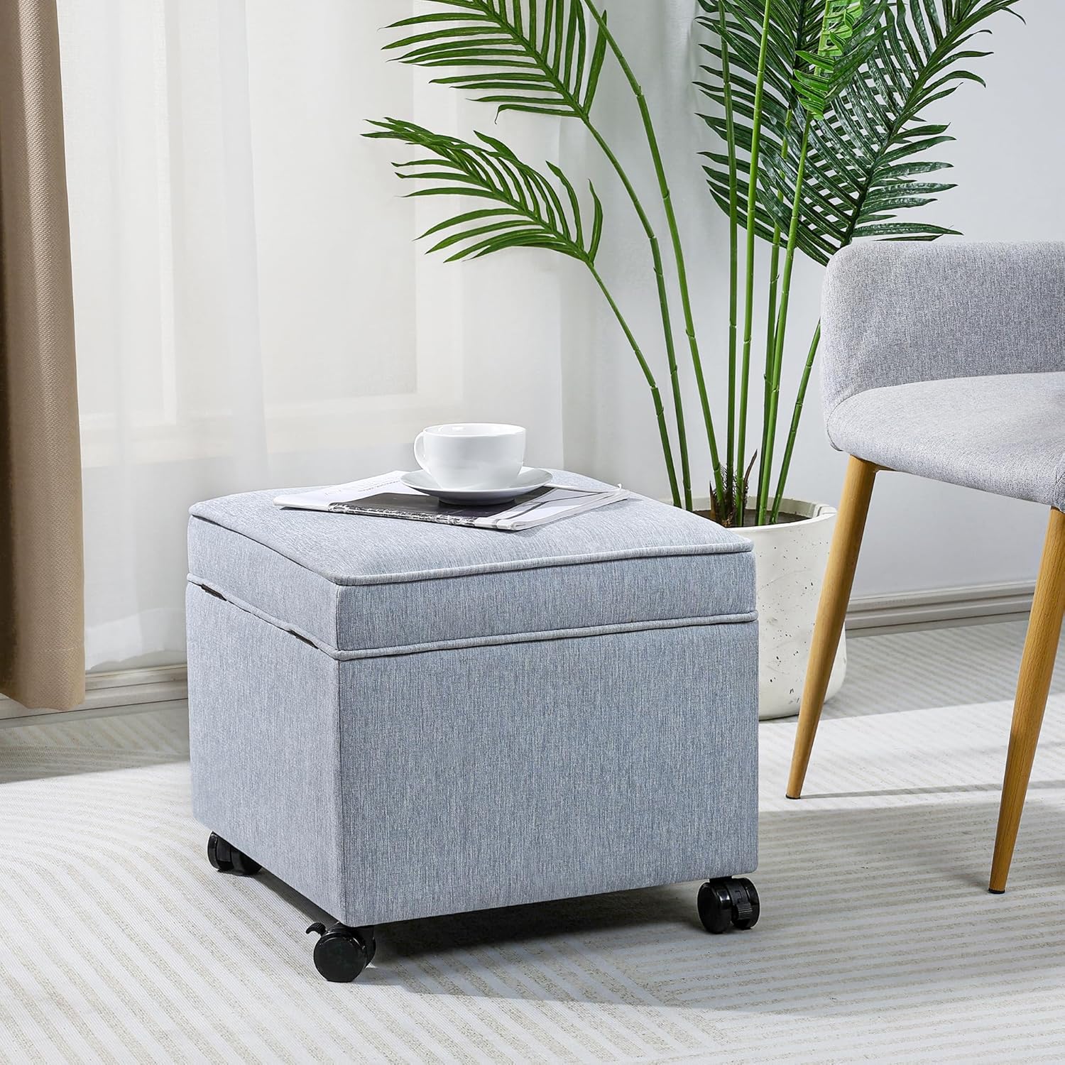 Adeco 17.5" Square Fabric Ottoman with Storage, Upholstered Cotton Linen Foot Rest, Flip Top