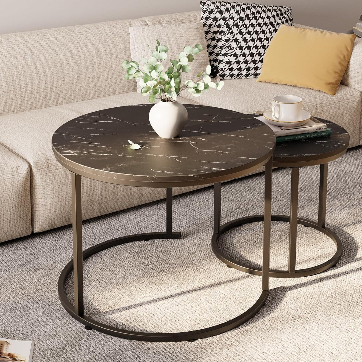 aboxoo Round Nesting Coffee Table Side Set of 2 End Tables for Living Room Bedroom Balcony,Black