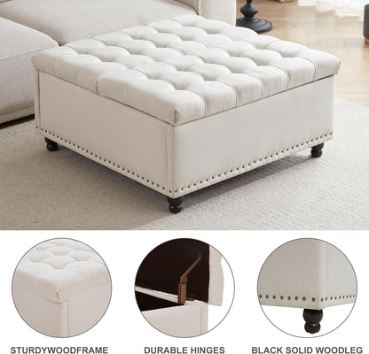 Tbfit Large Square Storage Ottoman Bench, Tufted Upholstered Coffee Table with Lift Top & Solid