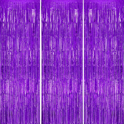 3 Pack Foil Fringe Backdrop - Purple Shiny Tinsel Curtains for Party Decoration/Photo Booth Props