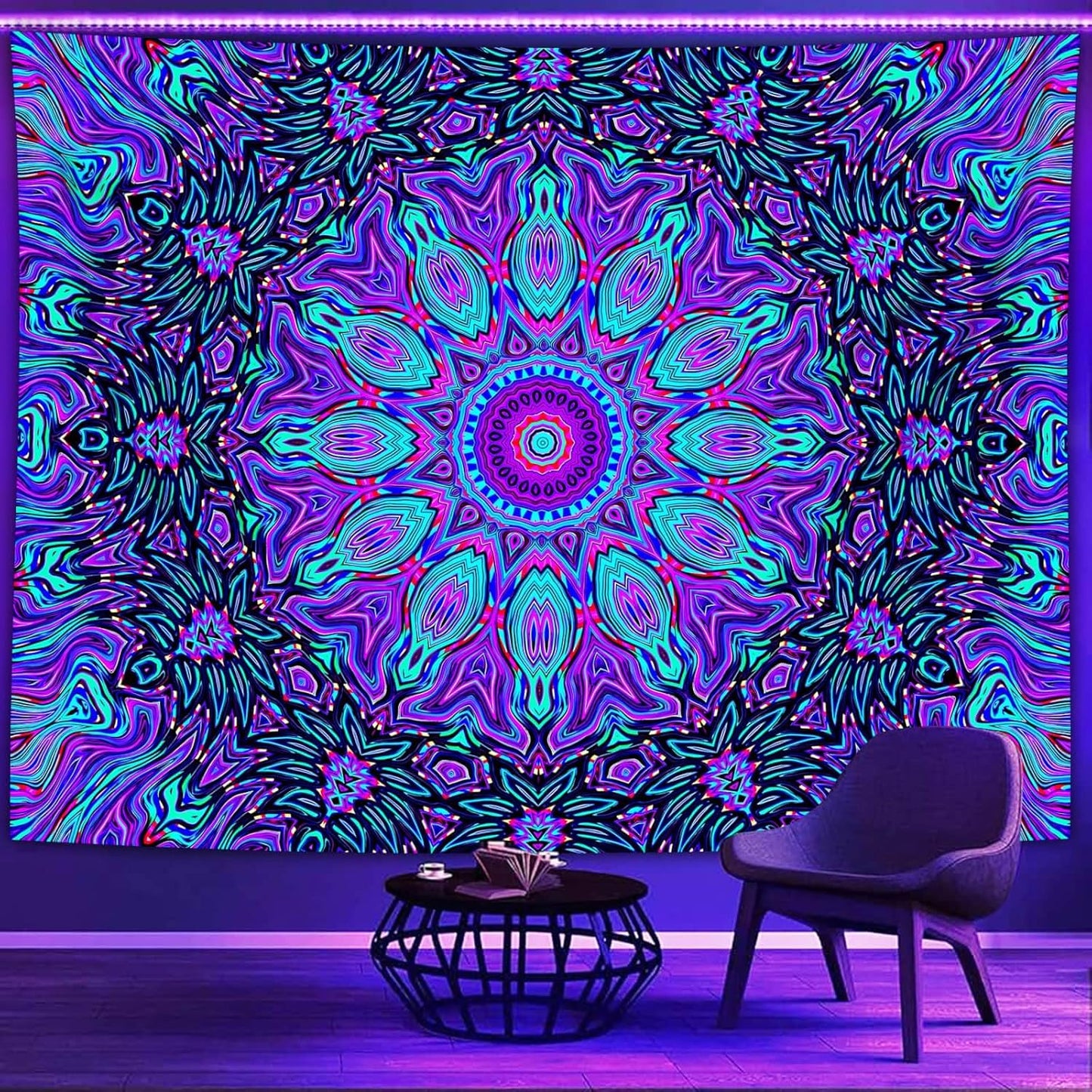 PSYHILAR Blacklight Mandala Tapestry for Bedroom, Psychedelic Black Light Posters for Adults and