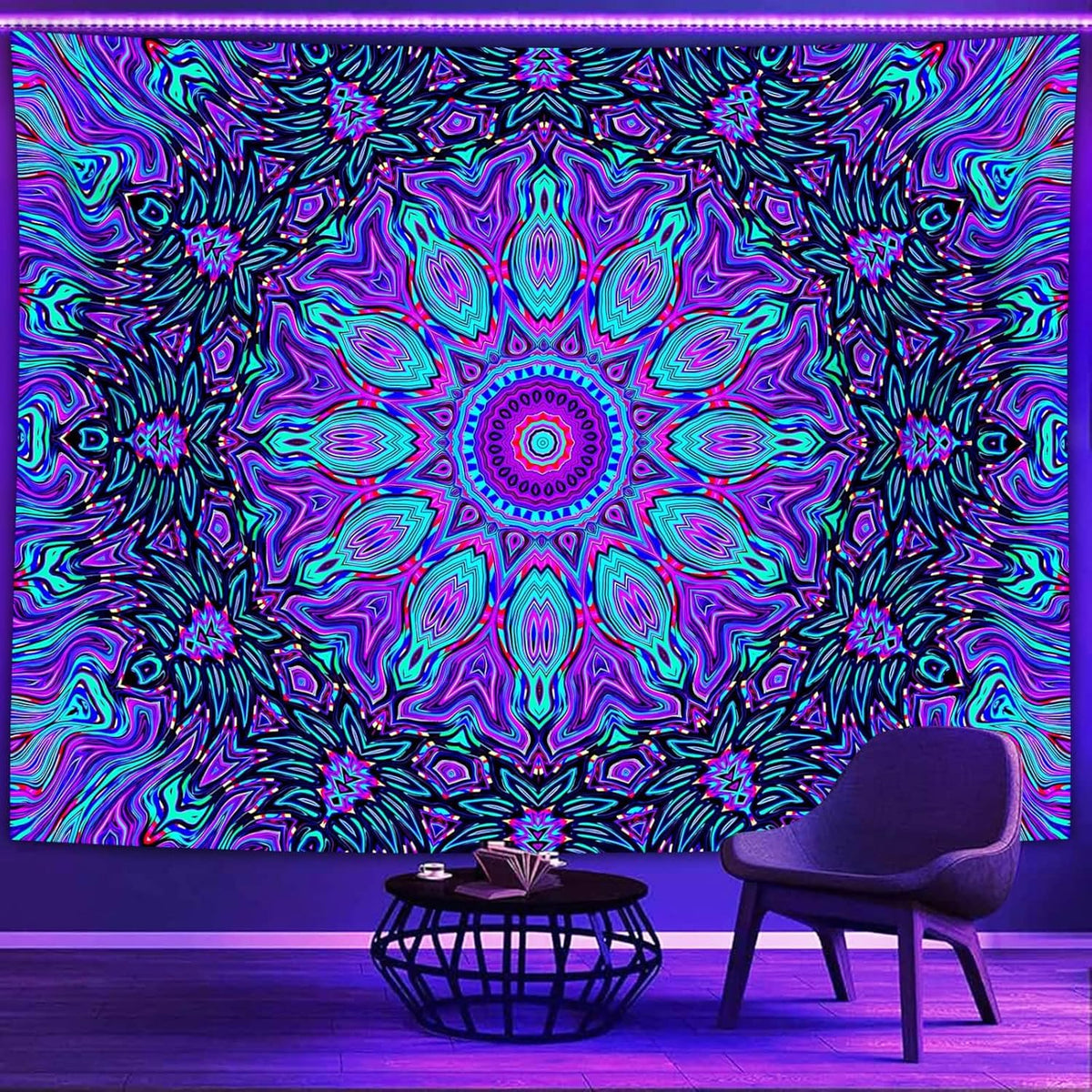 PSYHILAR Blacklight Mandala Tapestry for Bedroom, Psychedelic Black Light Posters for Adults and