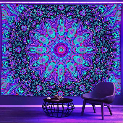 PSYHILAR Blacklight Mandala Tapestry for Bedroom, Psychedelic Black Light Posters for Adults and