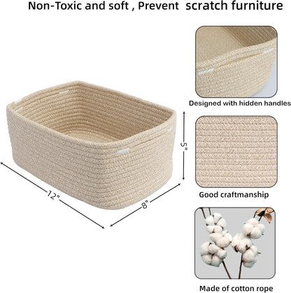 Small Woven Storage Baskets 12“X8”X5“ Decorative Rope Bins for Organizing Shelves, Closets, and