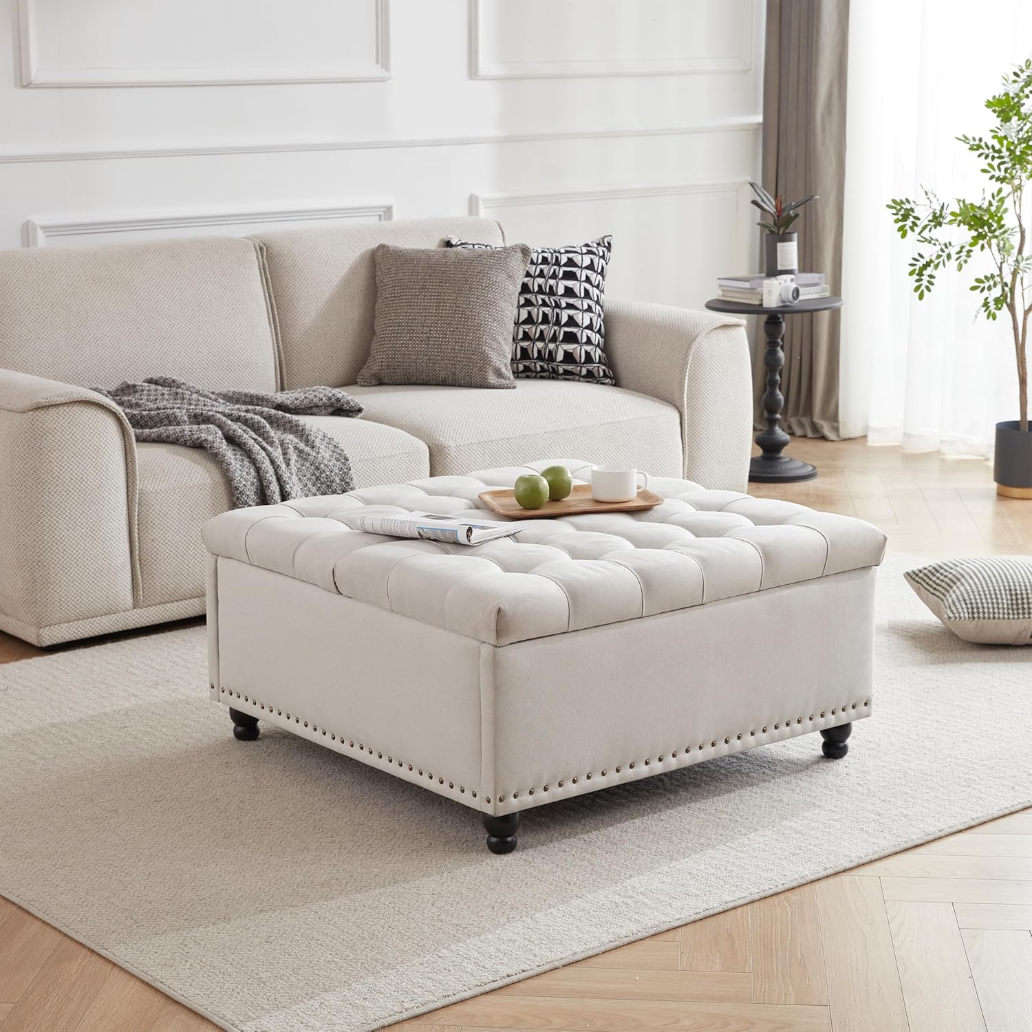 Tbfit Large Square Storage Ottoman Bench, Tufted Upholstered Coffee Table with Lift Top & Solid