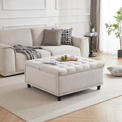 Tbfit Large Square Storage Ottoman Bench, Tufted Upholstered Coffee Table with Lift Top & Solid