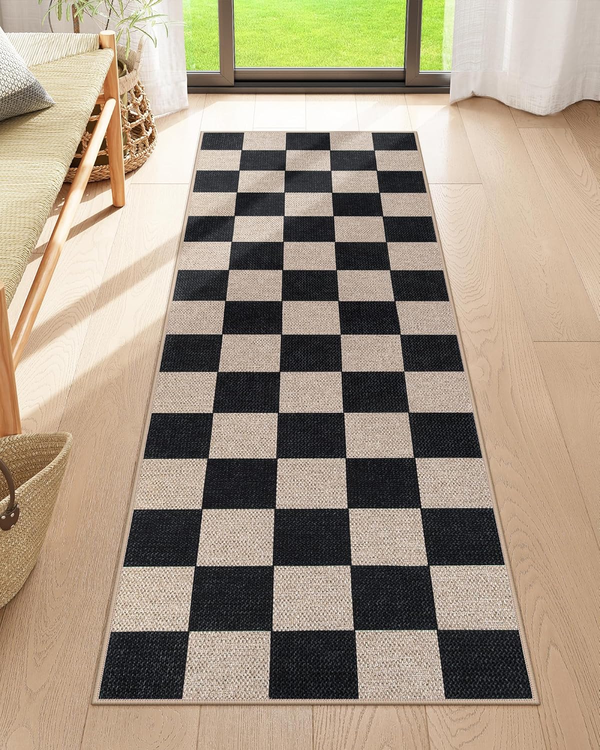 Lahome Checkered Easy Jute Runner Rug, 2x6 Kitchen Runner Rug Non Slip Washable Outdoor Carpet for