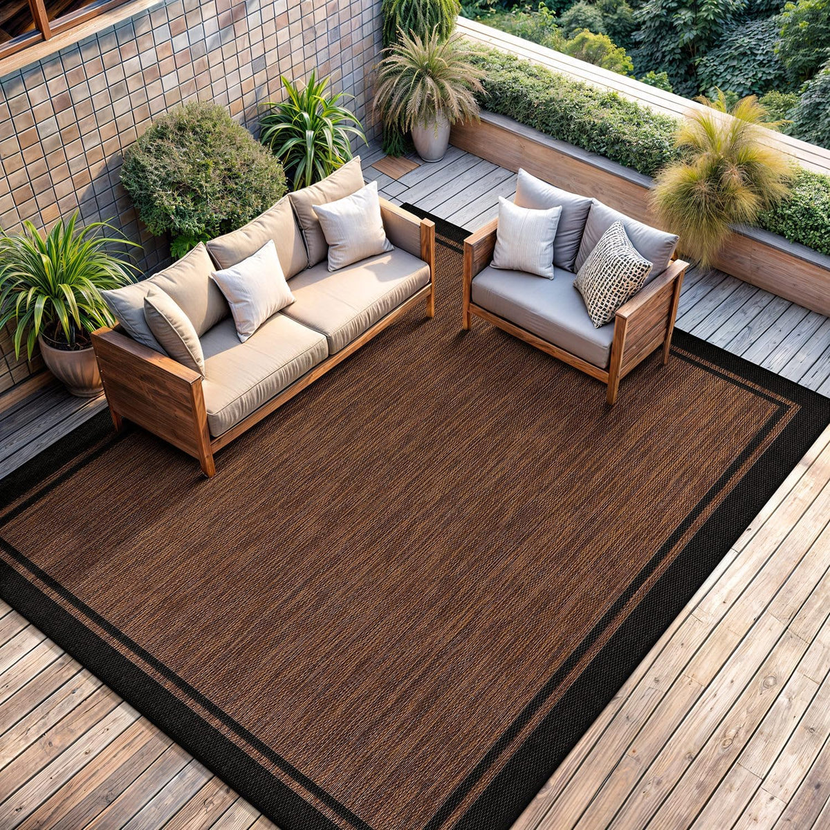 CAMILSON Indoor Outdoor Rug, 6x9 Bordered Nut Brown Black Modern Area Rugs for Indoor and Outdoor