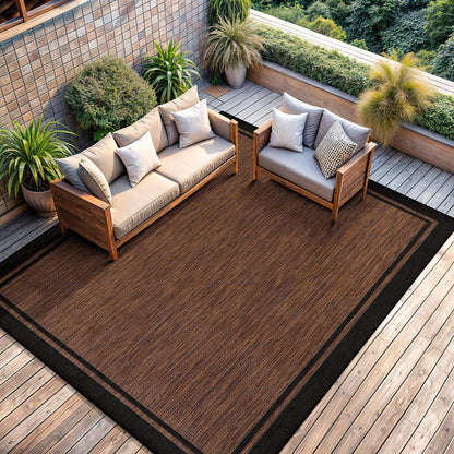 CAMILSON Indoor Outdoor Rug, 6x9 Bordered Nut Brown Black Modern Area Rugs for Indoor and Outdoor