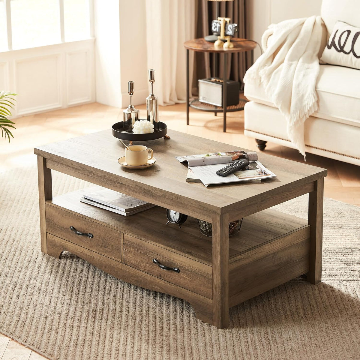 LINSY HOME Farmhouse Coffee Table with Storage, Wood Coffee Table for Living Room, Open Display