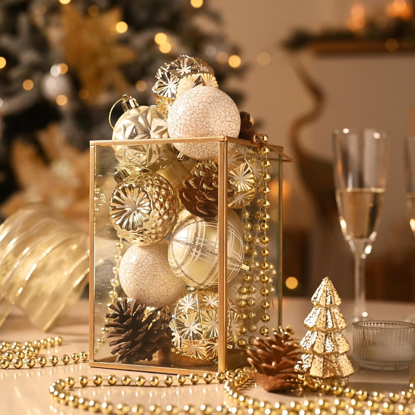 Valery Madelyn Ornaments for Christmas Trees, 16ct 2.36 Inches White and Gold Shatterproof
