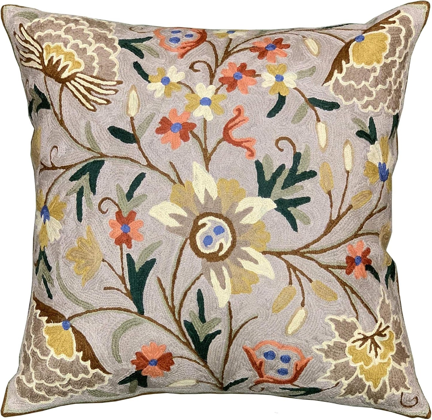 Beige Floral Pillow Cover Taupe Flower Traditional Hand Embroidered Pillowcase Traditional Outdoor