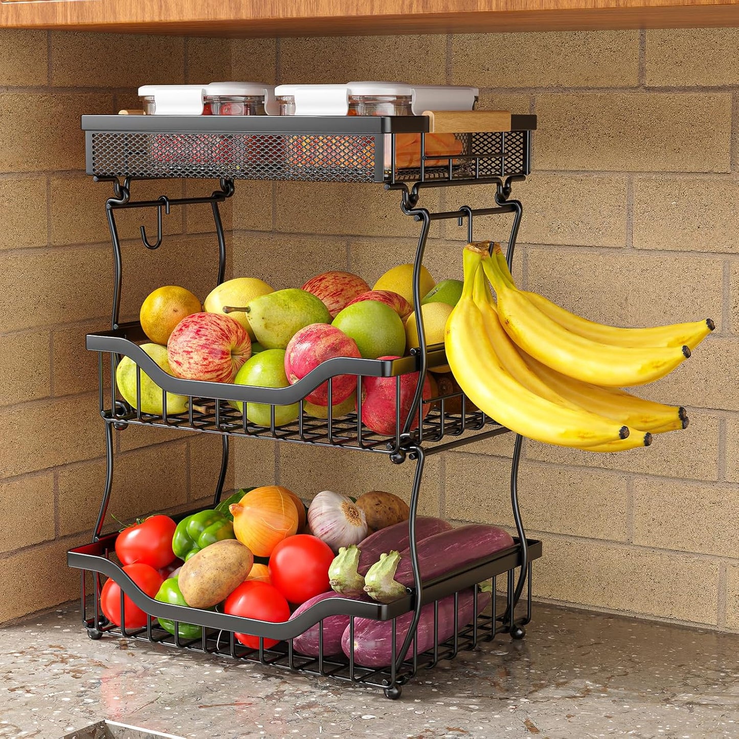 Giwil 3 Tier Countertop Fruit Mesh Basket for Kitchen, Vegetable Storage Bread Fruit Bowl Stand