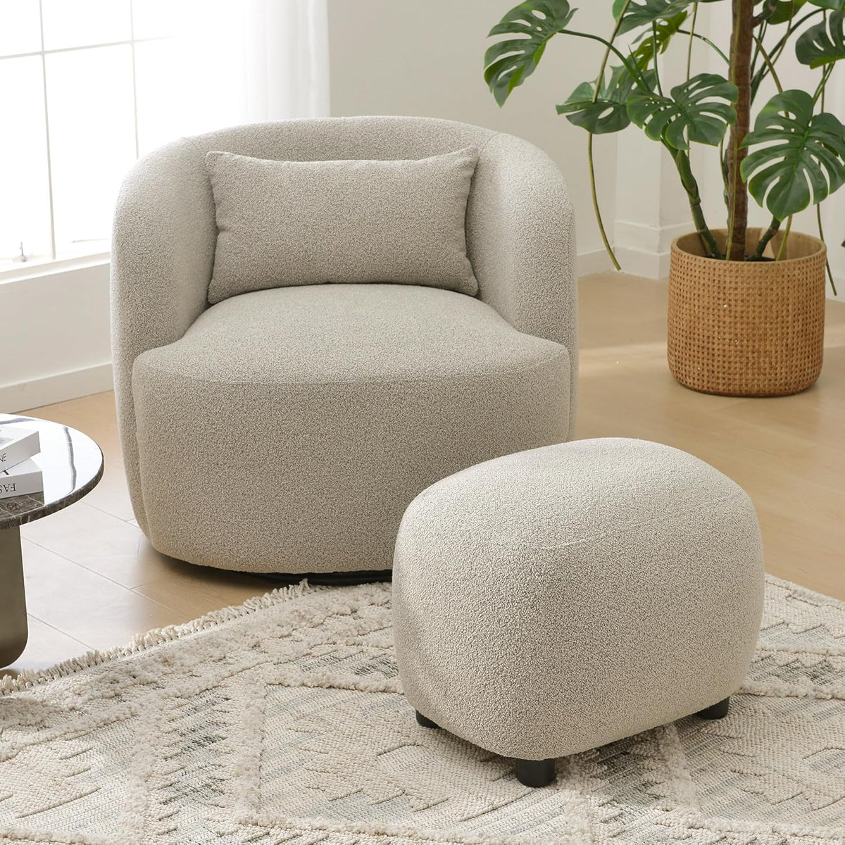 KINWELL 34" Wide 2 Boucle Swivel Barrel Chairs and 2 Ottomans Set, Fully Assembled Sherpa Accent