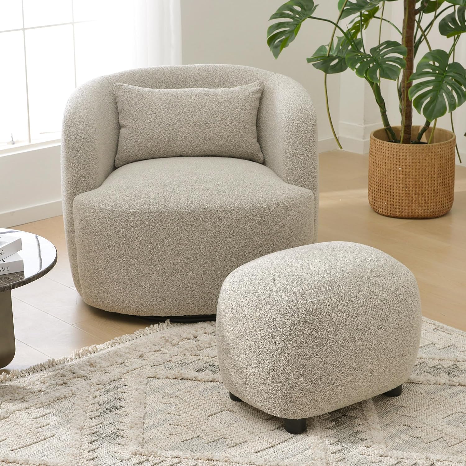 KINWELL 34" Wide 2 Boucle Swivel Barrel Chairs and 2 Ottomans Set, Fully Assembled Sherpa Accent