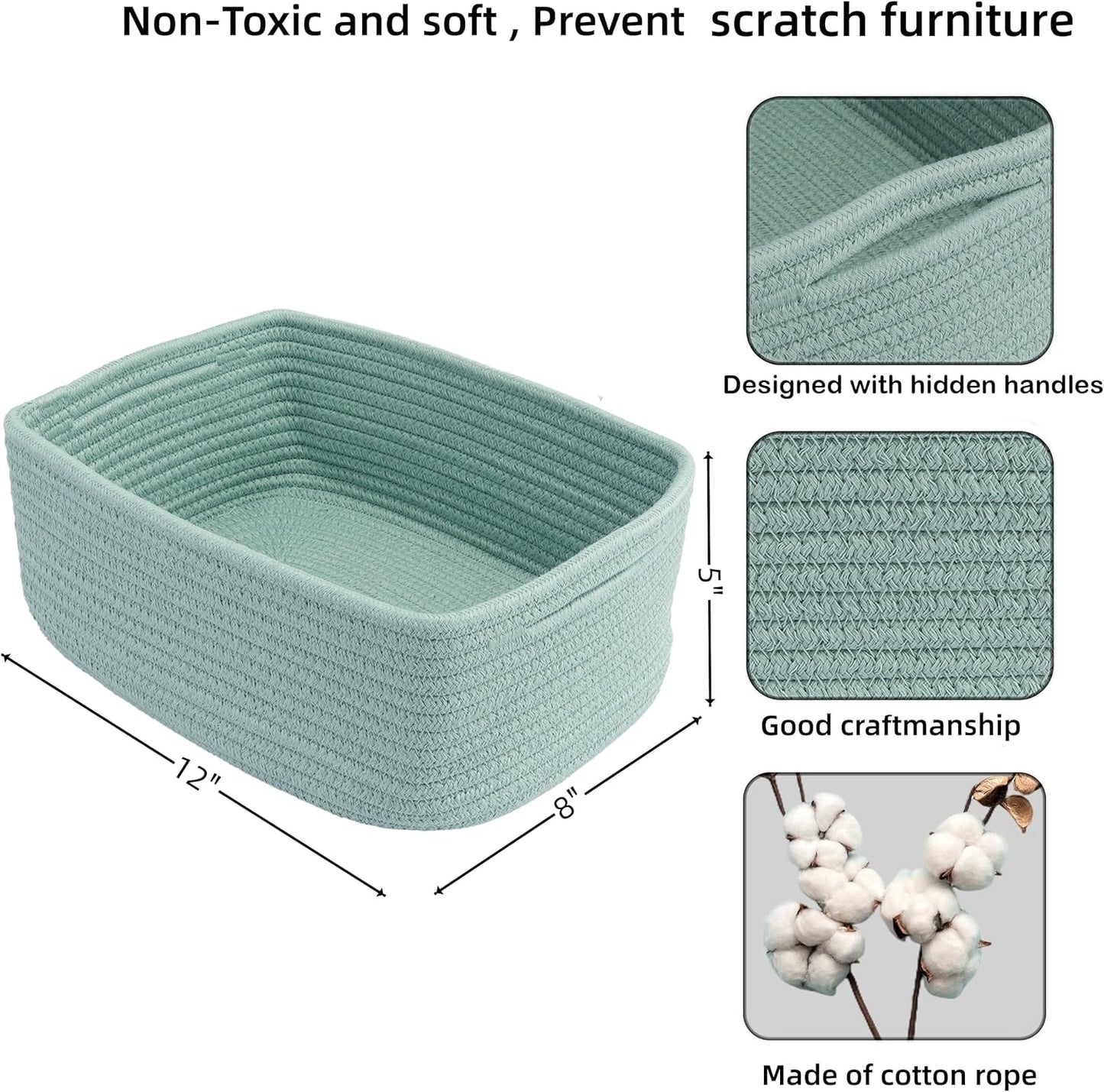 Small Woven Storage Baskets 12“X8”X5“ Decorative Rope Bins for Organizing Shelves, Closets, and