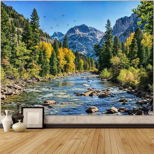 AMM Nature Forest Mountain Tapestry Green Pine Tree Tapestry for Bedroom Aesthetic Flowing River