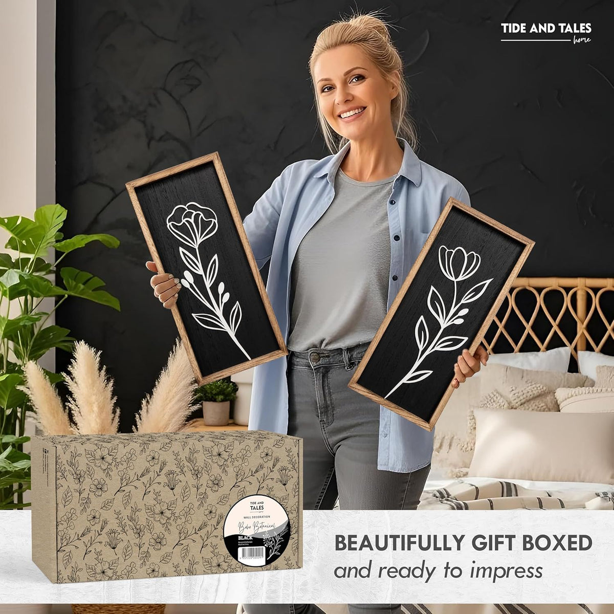 3D Vintage Black Living Room Decor (Set of 2) Lightweight, Wooden Ready-to-Hang Framed Moody Floral
