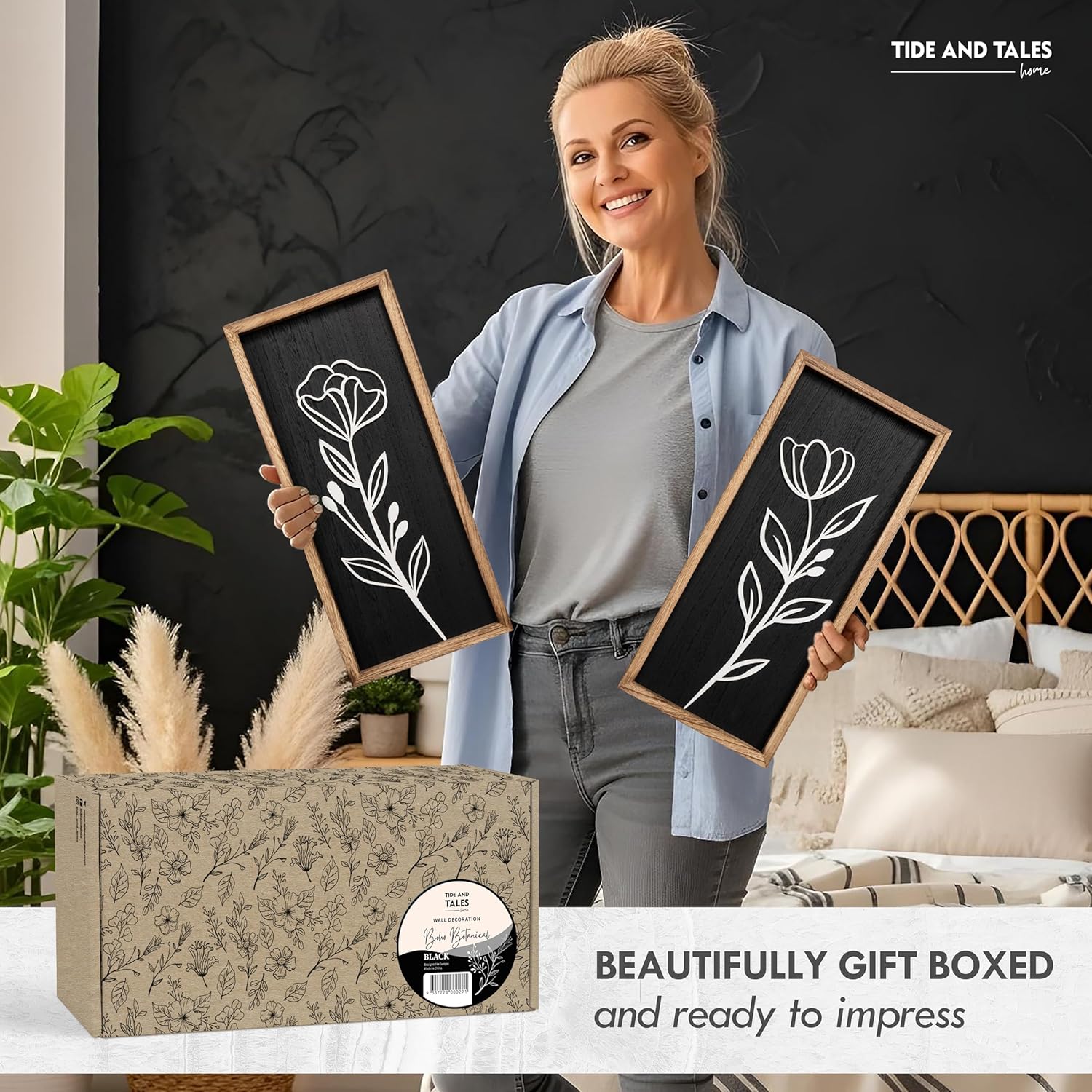 3D Vintage Black Living Room Decor (Set of 2) Lightweight, Wooden Ready-to-Hang Framed Moody Floral