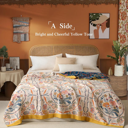 Boho Throw Blanket Twin Size, Soft Cozy Cotton Muslin Quilt Blanket for Bed Decor, Floral Patterned