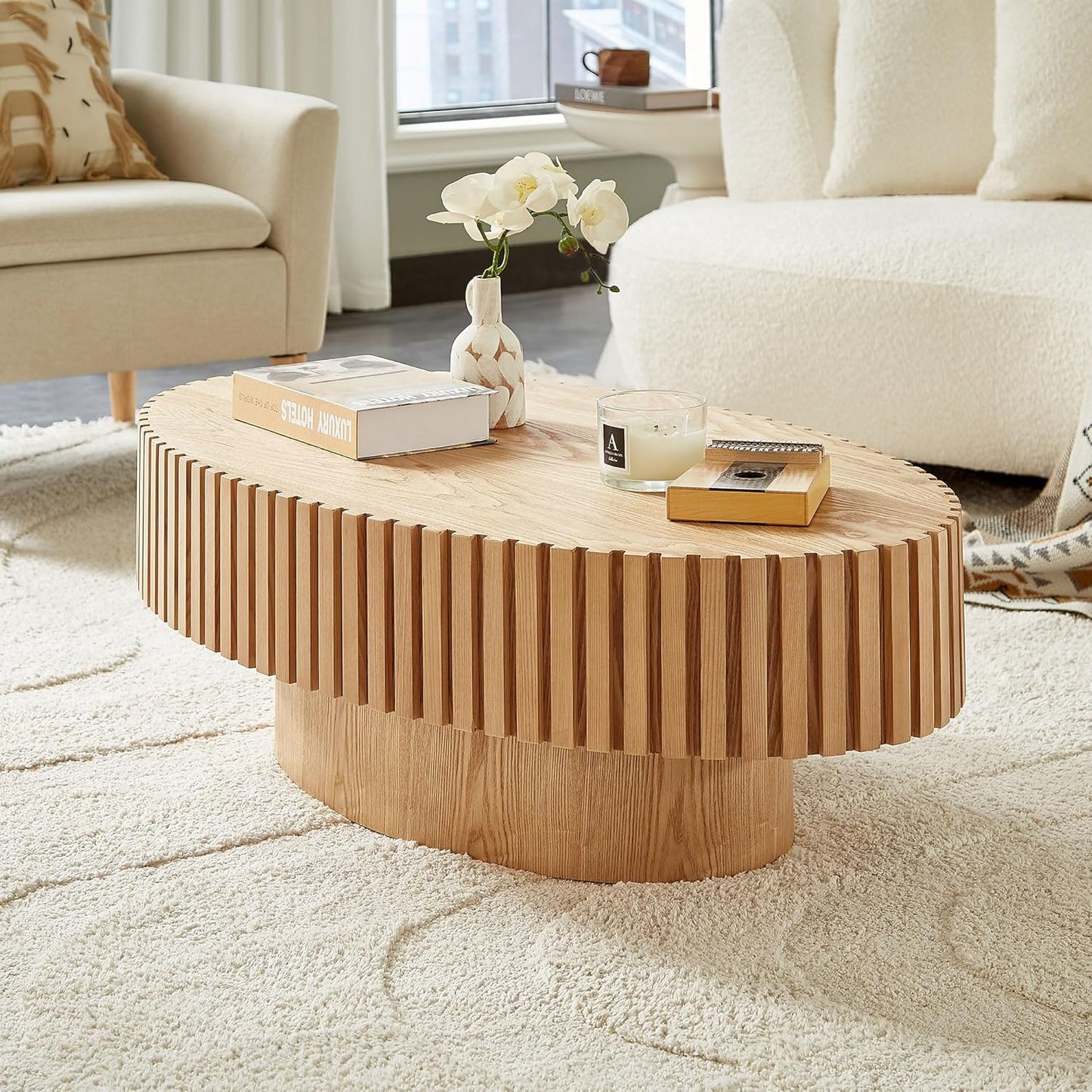Oval Coffee Table for Living Room, Modern Fluted Coffee Tables with Pedestal Base, Handcrafted