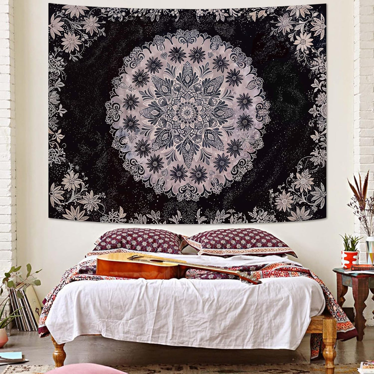 Fowocu Boho Floral Mandala Tapestry Wall Hanging Grey Bohemian Flower Medallion Tapestry Aesthetic