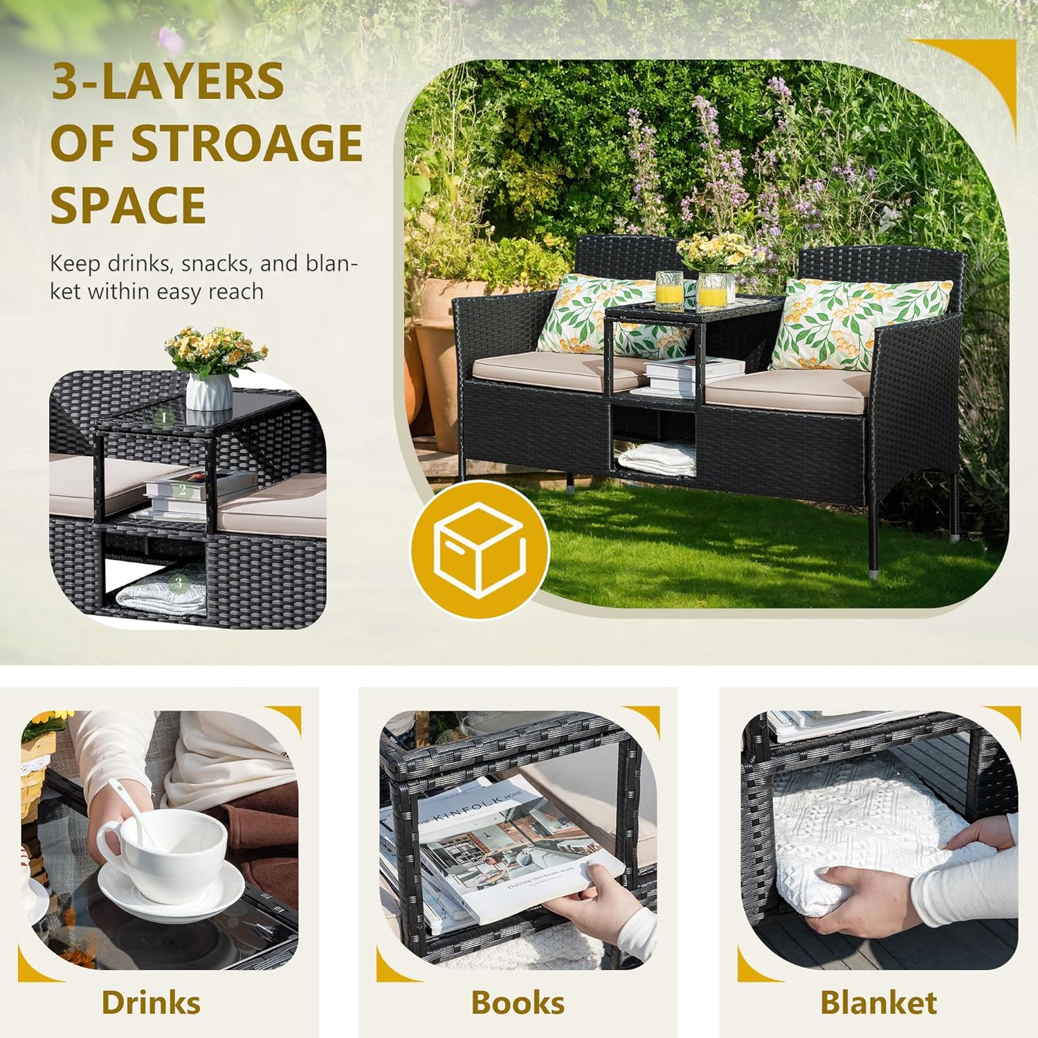 Flamaker Outdoor Furniture Patio Loveseat Wicker 2-Seat with Built-in Table and Cushions Rattan