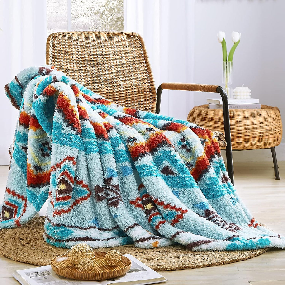 CASAAGUSTO Boho Sherpa Throw Blanket, Aztec King Size Blanket, Ultra Soft, Warm, Cozy, Plush, Thick