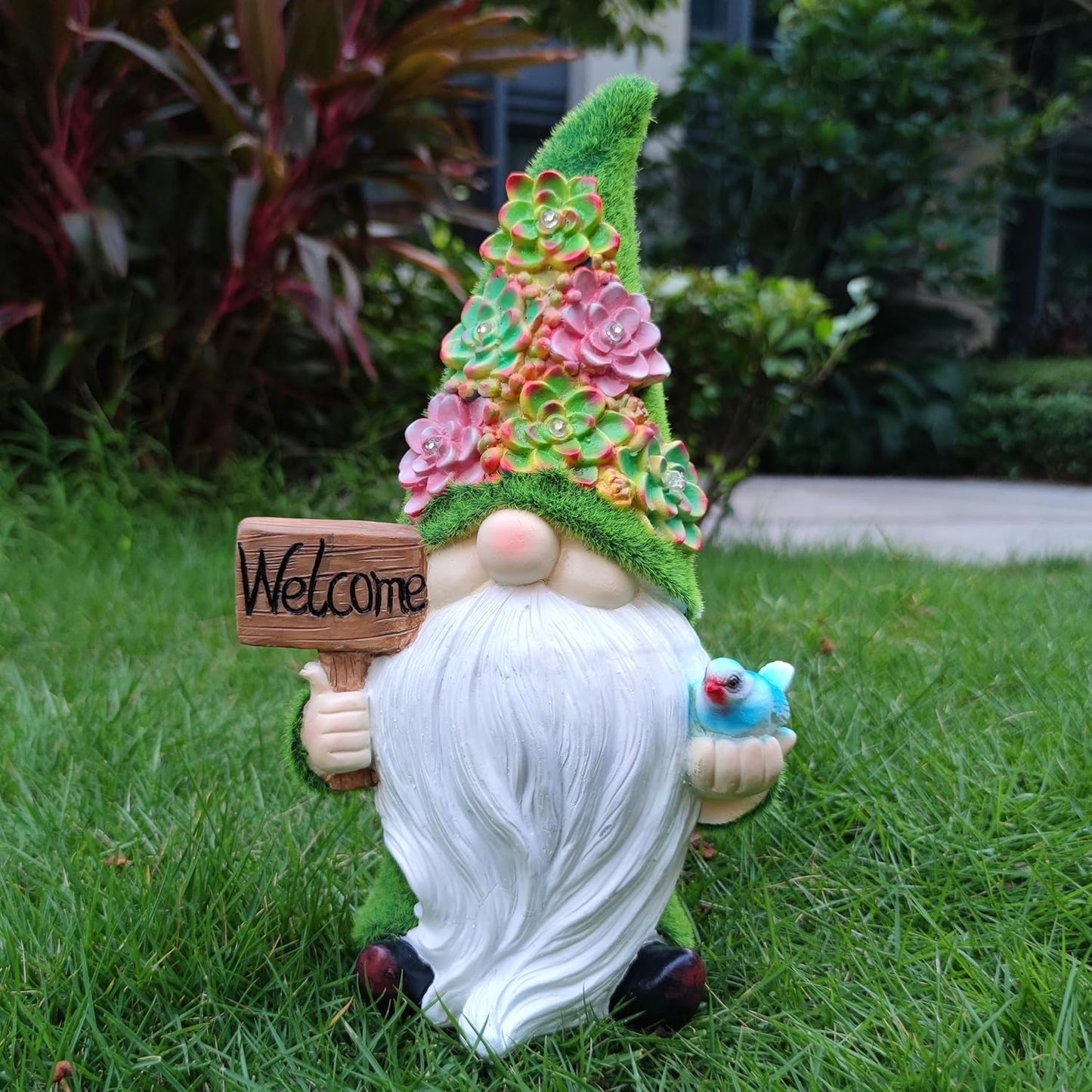 Solar Gnomes Garden Statues,Resin Gnome Figurine Holding Welcome Card and Bird with Solar Lights