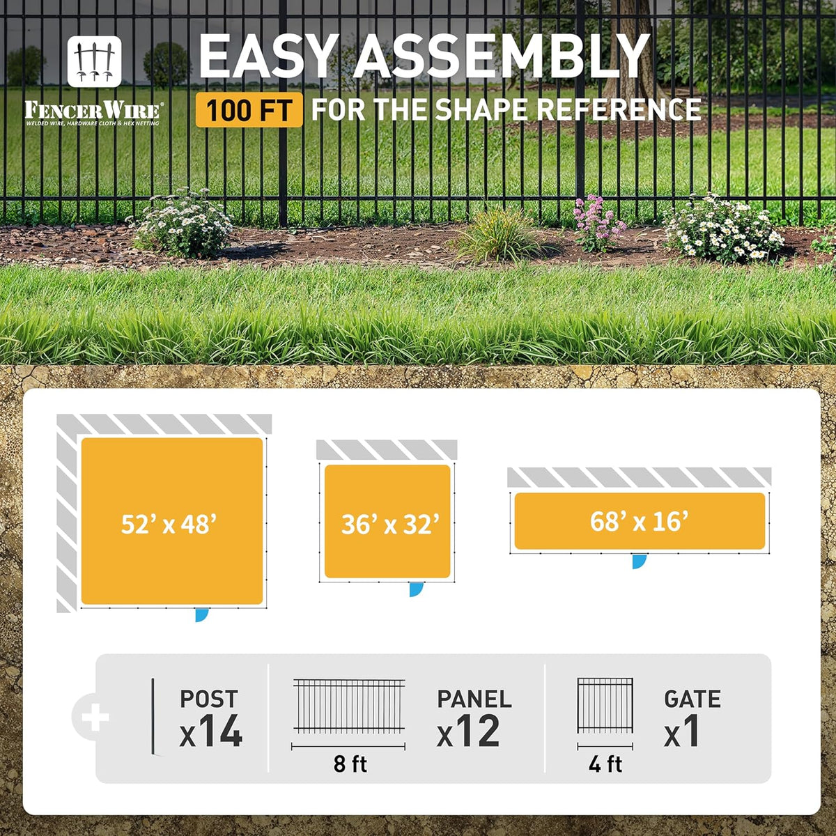 Fencer Wire 100FT Heavy Duty Flat Top Fence Barrier Kit, Anti-Rust Metal Steel Fence with 6FT