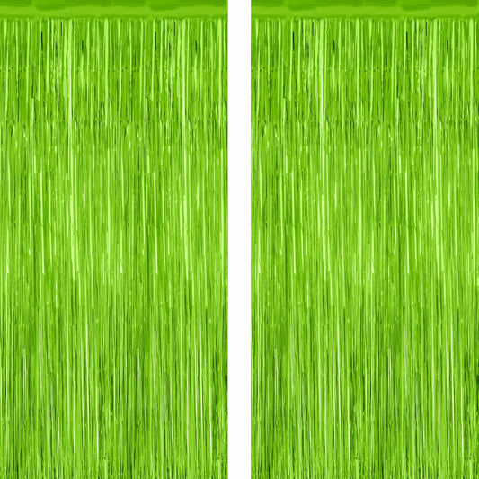 2 Pack Backdrop Curtains, 3.28 Feet x 7.05 Feet Grass Green Fringe Curtains, Metallic Tinsel