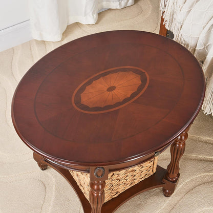 MODERION Solid Wood End Table with Drawer, Oval Sofa Side Table, Storage Shelf, Living Room Corner