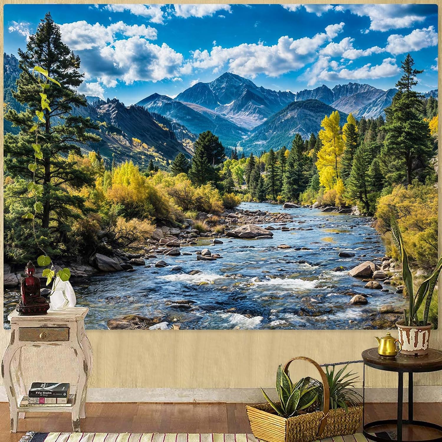 AMM Nature Forest Mountain Tapestry Green Pine Tree Tapestry for Bedroom Aesthetic White Clouds