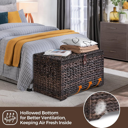 Handwoven Storage Basket with Lid, 165L Plastic Rattan Storage Bin, Leather Buckle & Metal Frame