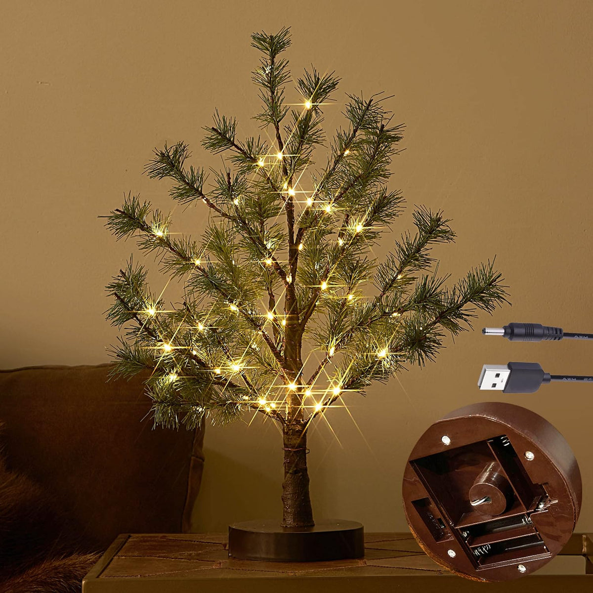 Hairui Christmas Tabletop Pine Tree Lights 60 LED 18IN Battery or USB Oprerated with Timer, Lighted