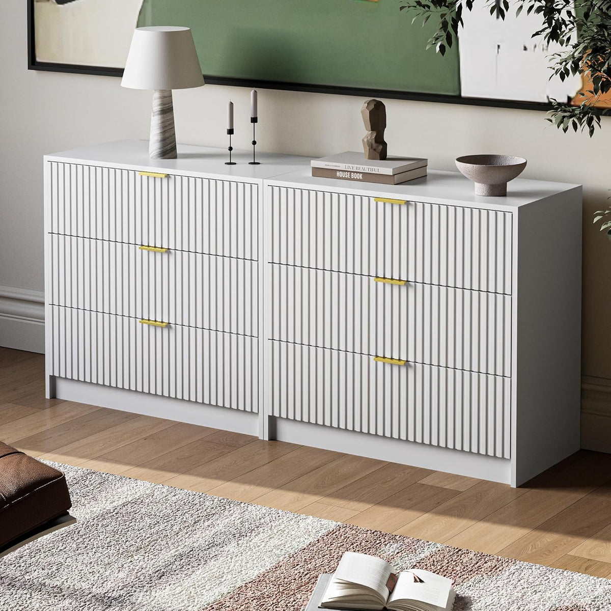 White Fluted Dresser for Bedroom, 32 Inch Wide Nightstand with Large Drawer, 3 Drawer End Table for