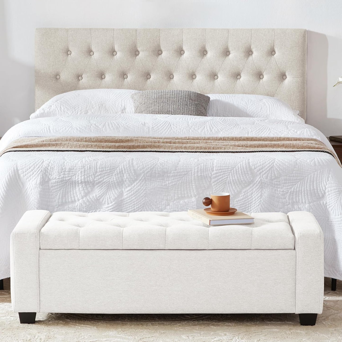 48" Ottoman with Storage, White Storage Ottoman Bench with Safety Hinge, Upholstered Entryway Bench