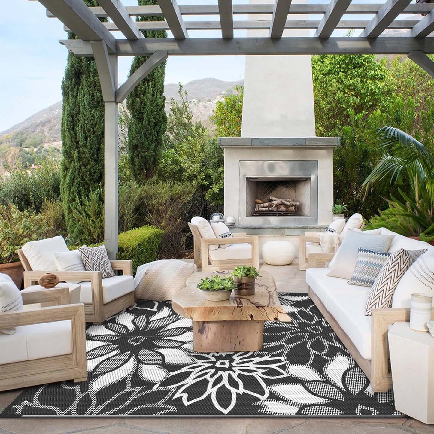 GENIMO Outdoor Rug Waterproof for Patio Decor, 8' x 10' Reversible Plastic Straw Floral Camping