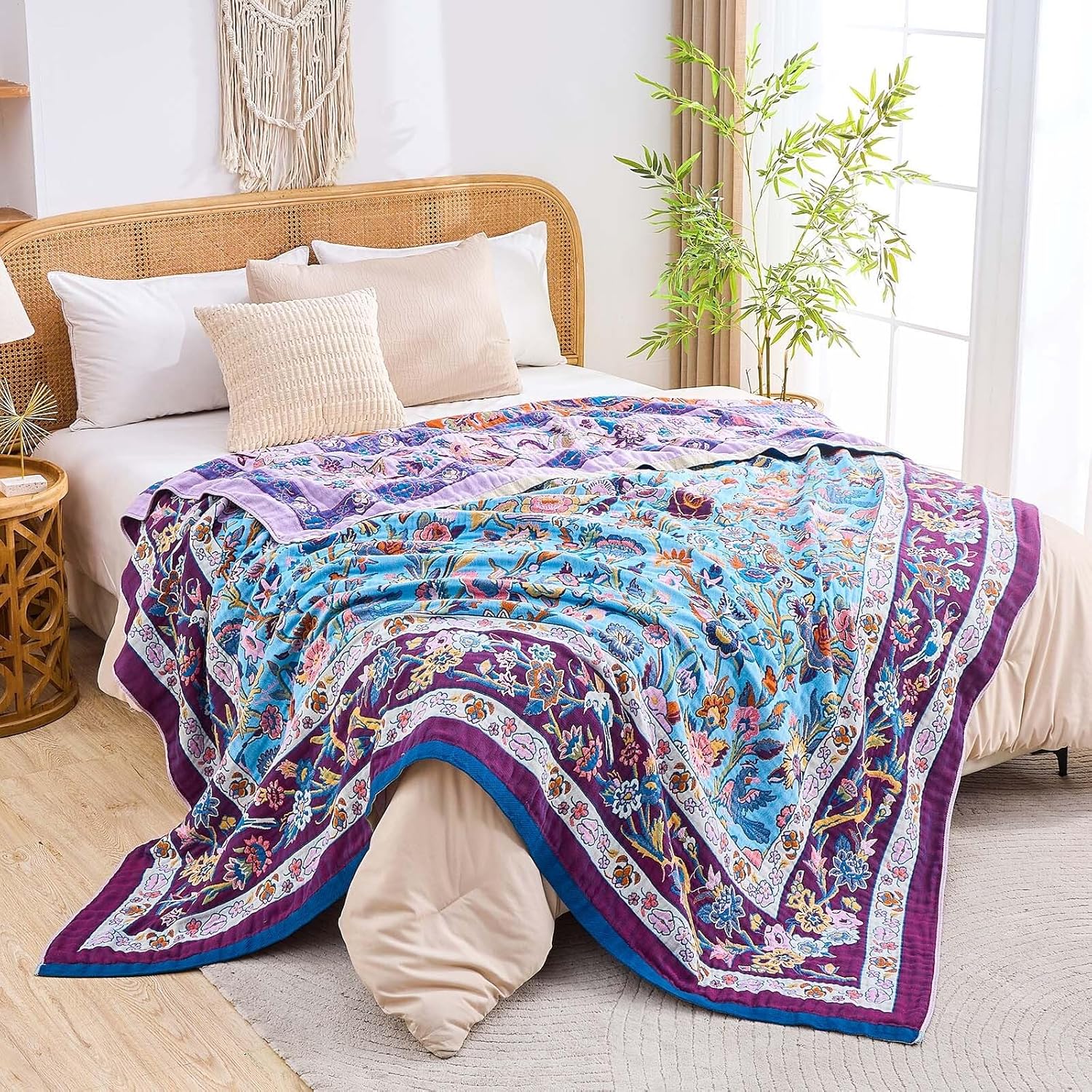 Fall Blanket for Bed, 100% Cotton Soft Rustic Boho Throw Blanket Quilt, 60"x80" Farmhouse Decor Bed