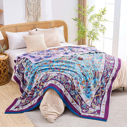 Fall Blanket for Bed, 100% Cotton Soft Rustic Boho Throw Blanket Quilt, 90"x98" Farmhouse Decor Bed