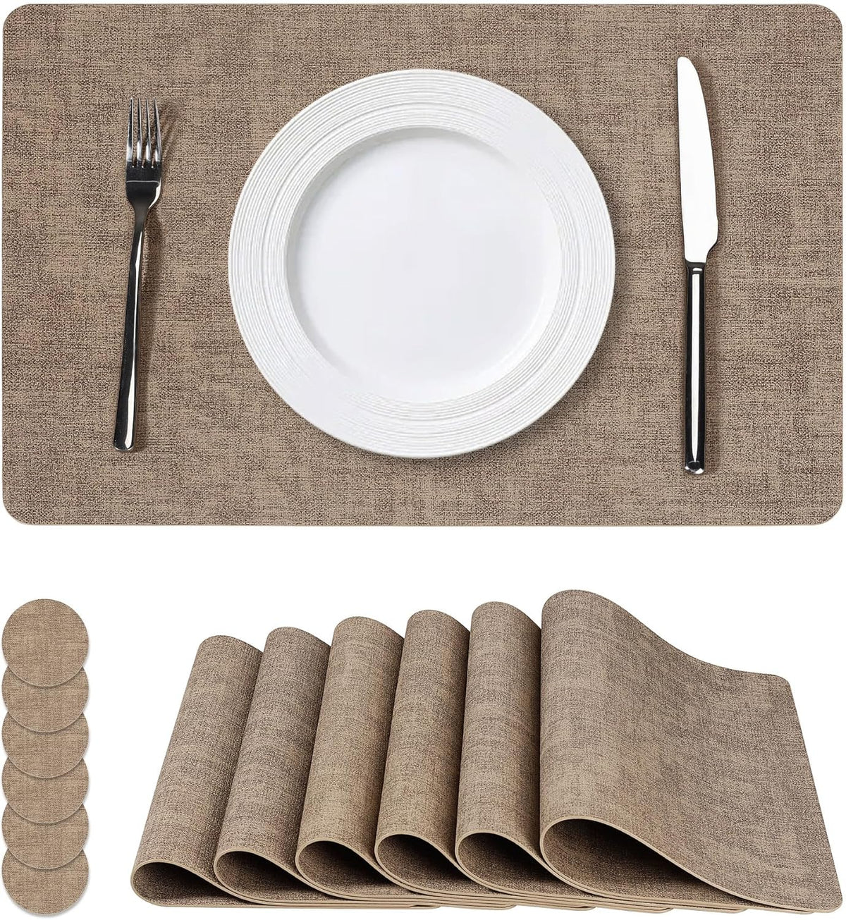 Vinyl Placemats Set of 6, Faux Leather Waterproof and Heat Resistant Place Mats, Washable Anti-Slip