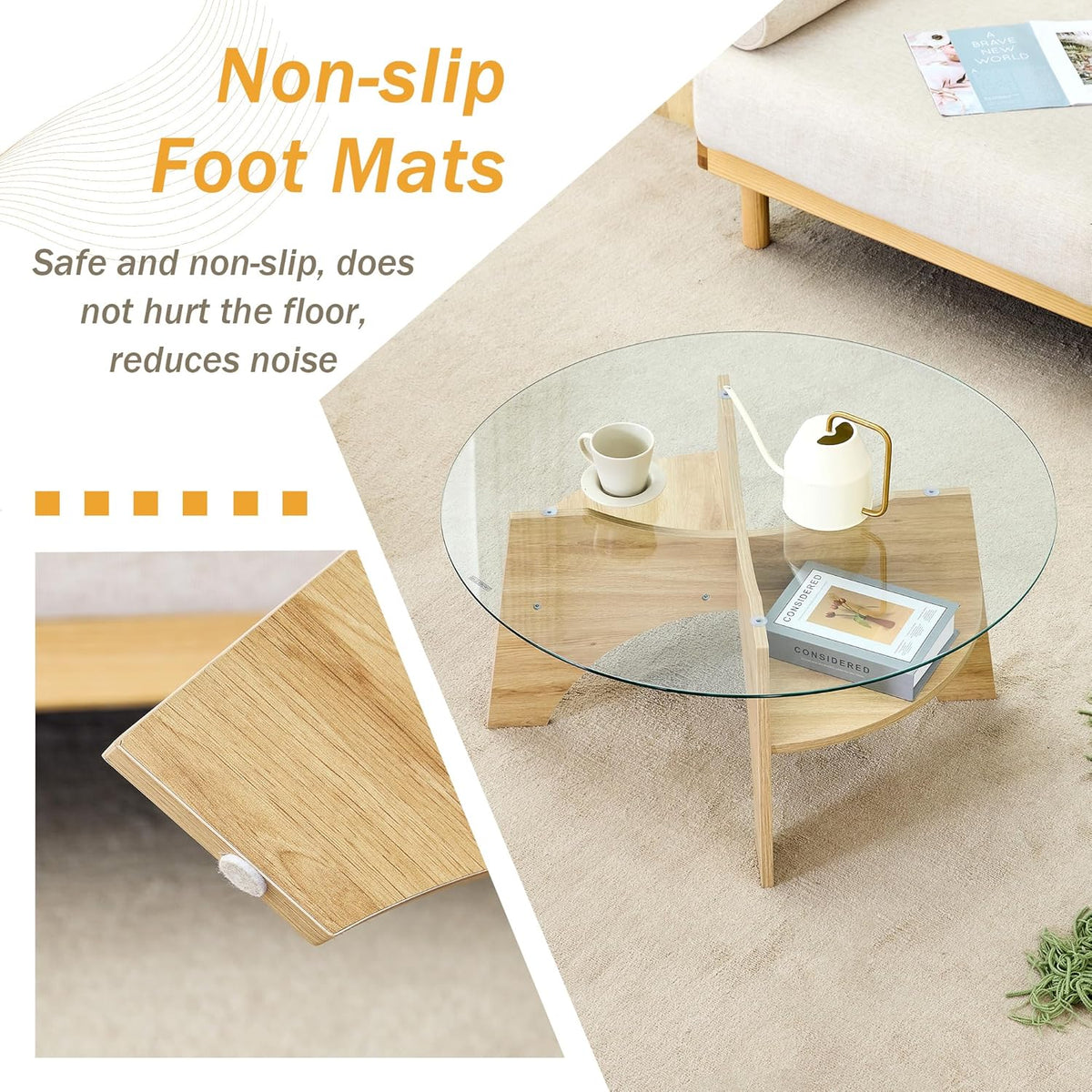 31.5" Round Glass Coffee Table with Tempered Glass Top and MDF Base, Diagonal Fan-Shaped Tray